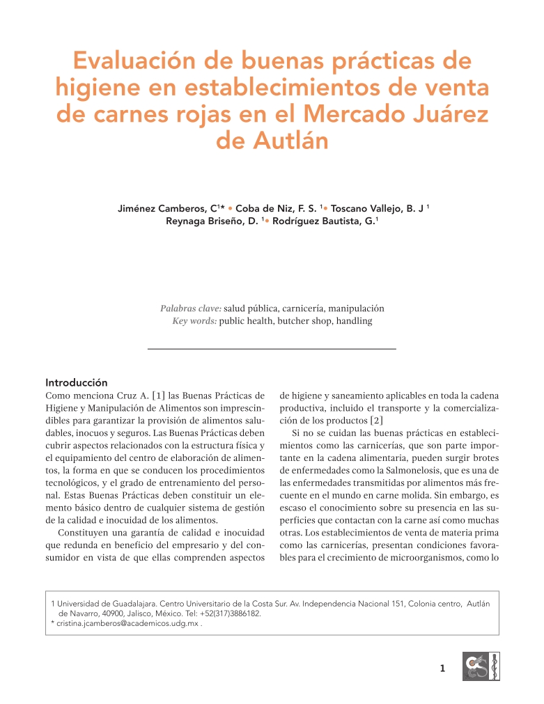 Evaluación de buenas prácticas de higiene en establecimientos de venta de carnes rojas en el Mercado Juárez de Autlán